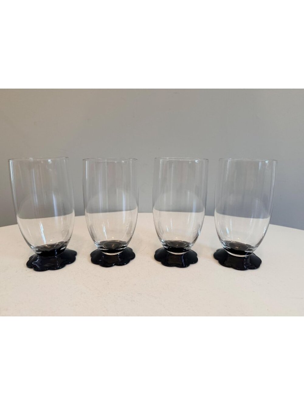 Vintage Weston Black Lily Pad Tumblers, Set of 4, Art Deco Scalloped Base Glass